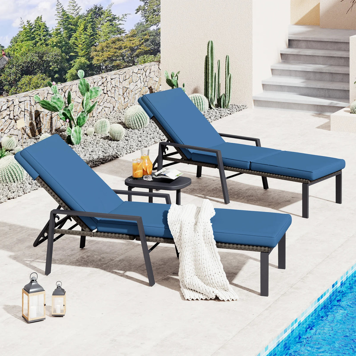 AECOJOY Chaise Lounge Chairs for Outside Set of 2, Adjustable Wicker PE Rattan Patio Pool Recliner Chair with Removable Cushion