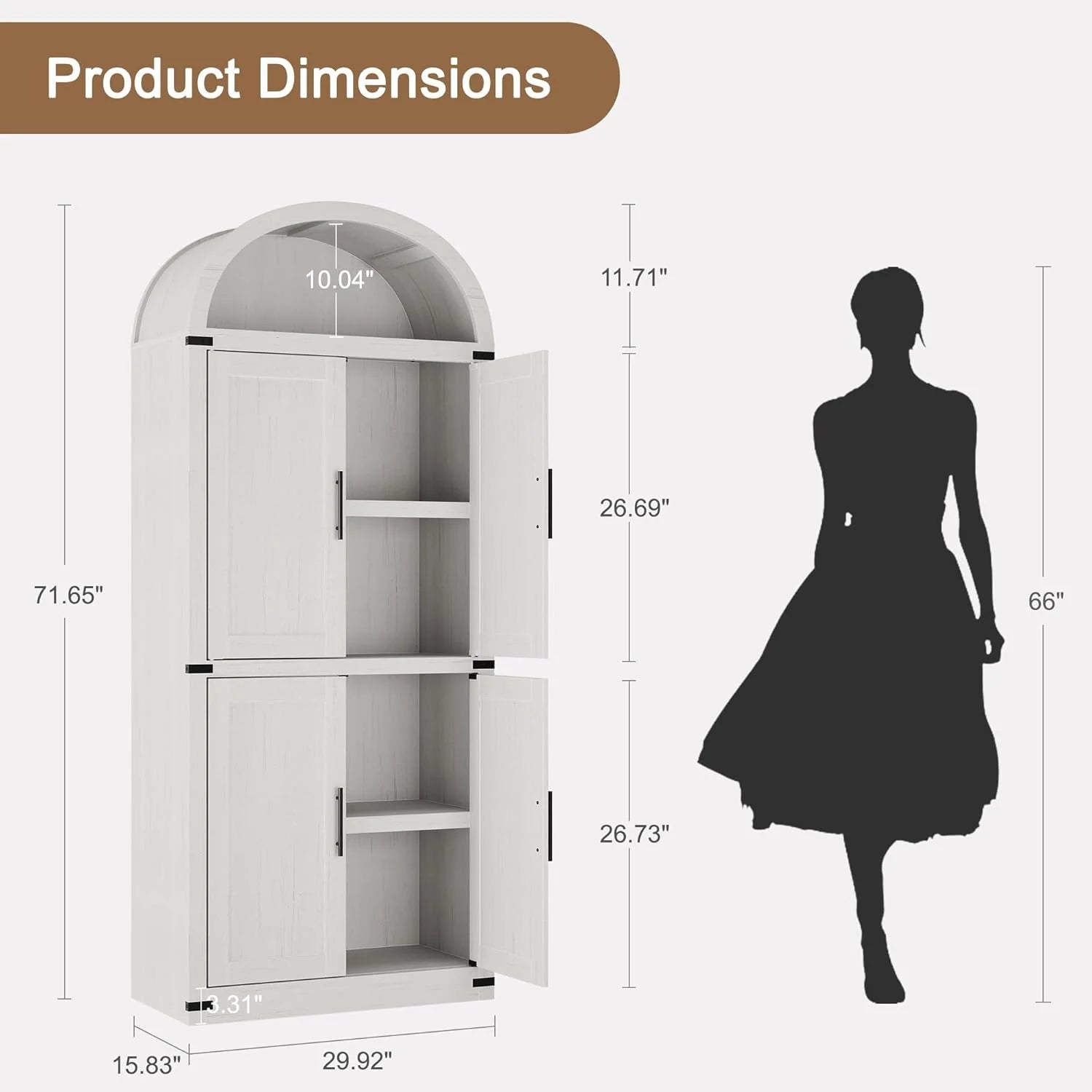 Garvee Arched Storage Cabinet, 71.6" Tall Kitchen Pantry with Doors, 5 - Tier Farmhouse Bookshelf, Large Wooden Display Cabinet for Kitchen, Dining Room, Living Room, White