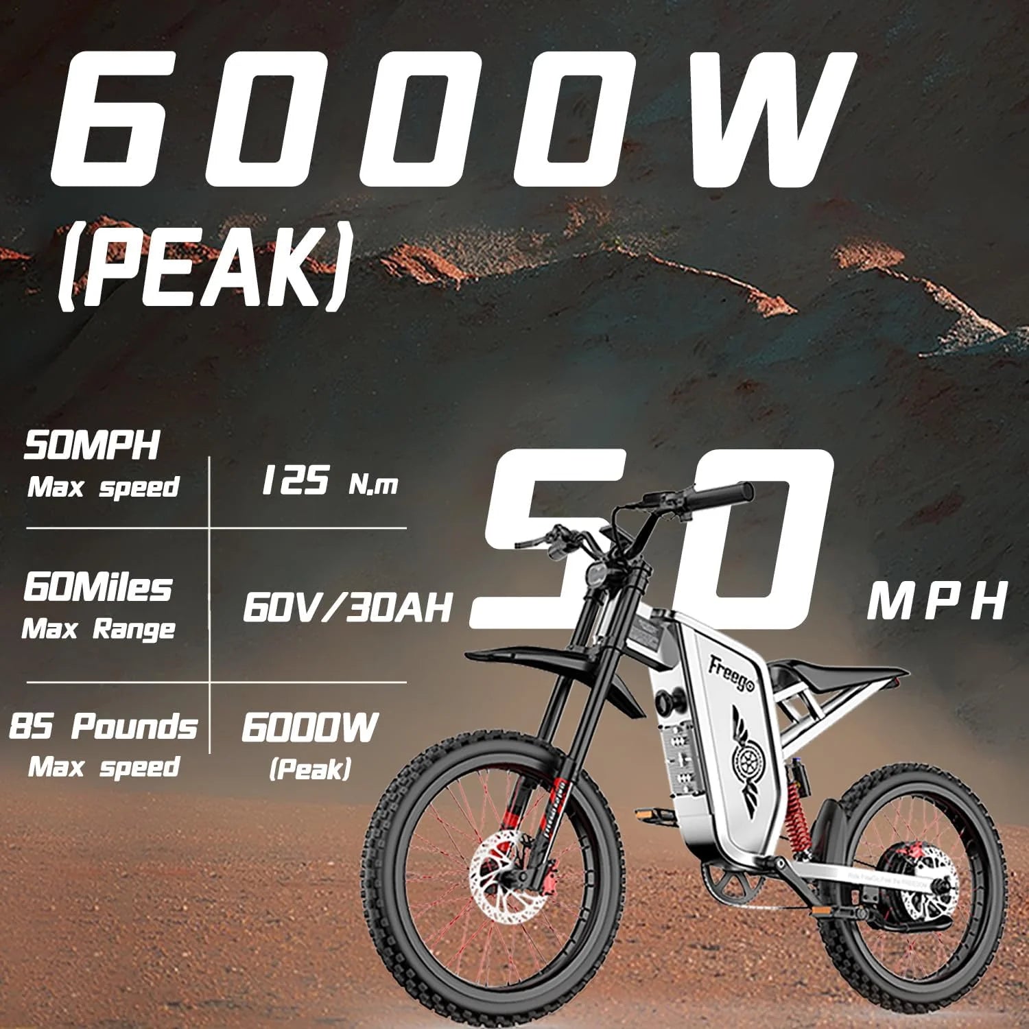 50MPH Freego X2pro Electric Motorcycle for Adults 6000W(Peak) Motor 60V 30ah Battery Electric Bicycle Full Suspension Ebike