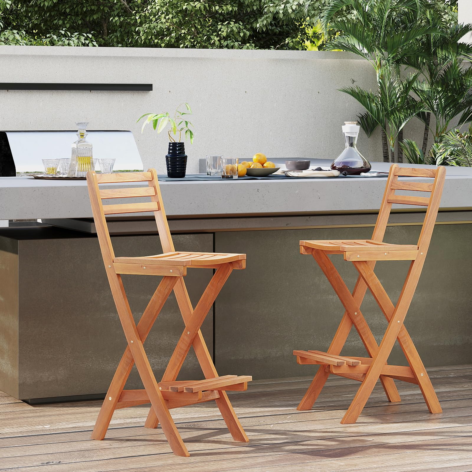 Tangkula Outdoor Portable High Top Acacia Wood Bar Height Chair with Backrest & Footrest