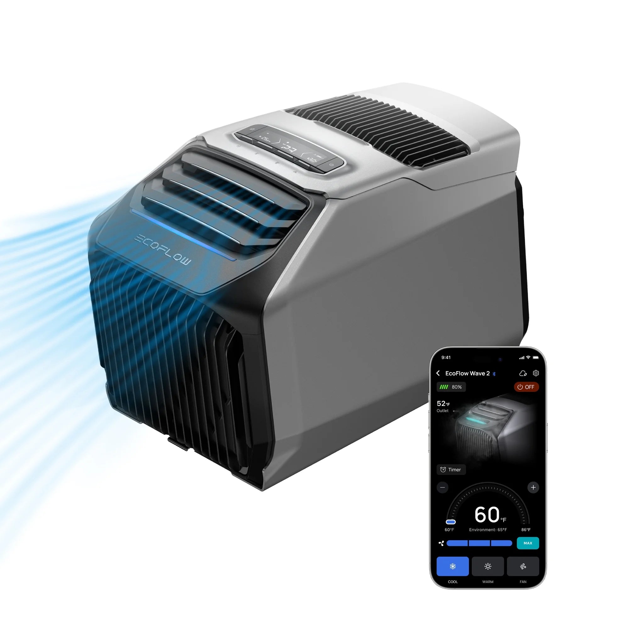 EF Ecoflow WAVE 3 Portable Air Conditioner, 1800W/6100 BTU Cooling and 2000W/6800 BTU Heating, 1000W Fast Charging in 75 Mins, 8H Wireless Running, APP Control, for Camping, Vanlife, Rvs