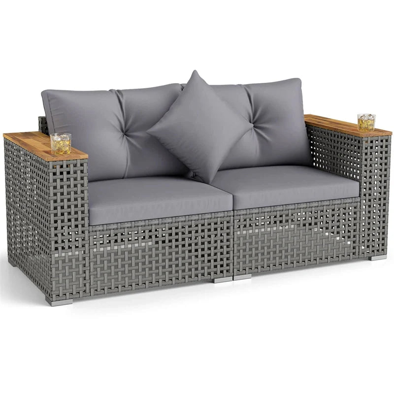 62.5" Patio Wicker Loveseat w/ Acacia Wood Armrests & Cup Holders, 2PCS Modular Rattan Corner Sectional Sofa w/ Cushions & Pillows for Backyard