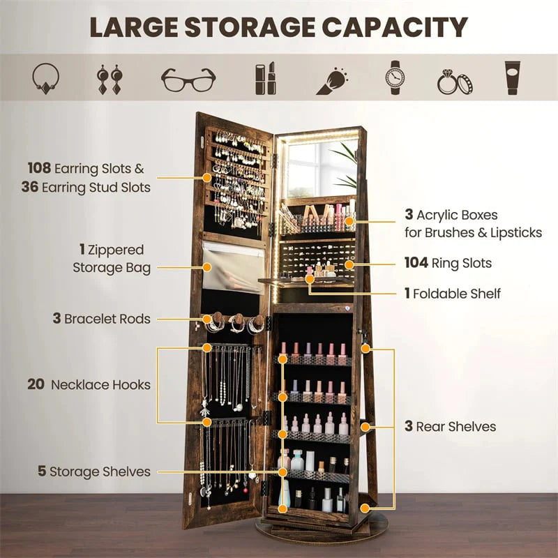 360° Swivel Jewelry Cabinet Armoire w/ Full Length Mirror 3-Color LED Lights & Rear Shelves, Lockable Standing Jewelry Storage Organizer