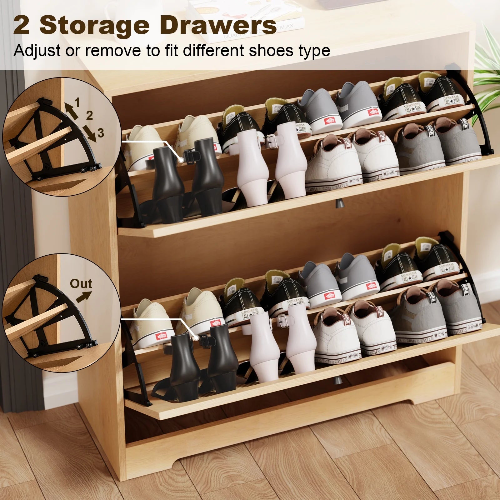 Hommpa Rattan Shoe Cabinet with 2 Flip Drawers & Adjustable Shelves 5 Tier Freestanding Tipping Bucket Shoes Storage Closet for 16 Pairs Narrow Console Table Modern Boho Entryway Shoe Rack Organizer