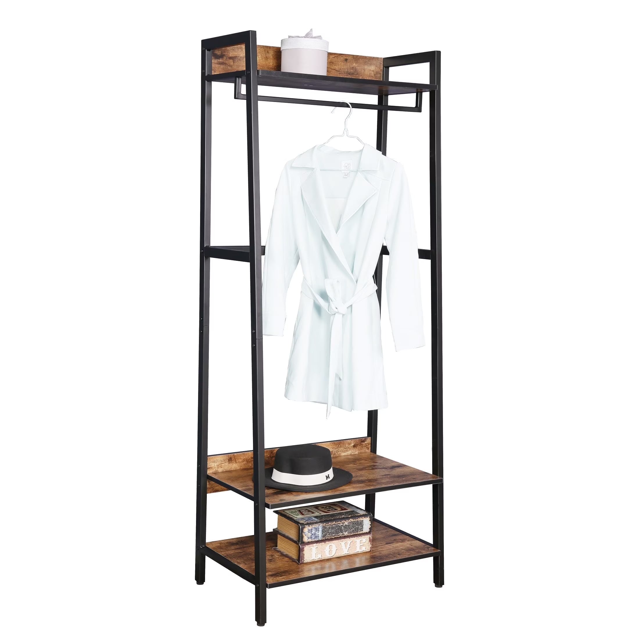 JJS 33" Entryway Coat Rack, Industrial Rustic Hall Tree Shoe Bench with Storage Drawers and Shelf for Hallway, Wood Look Accent Furniture with Metal Frame, Rustic Brown