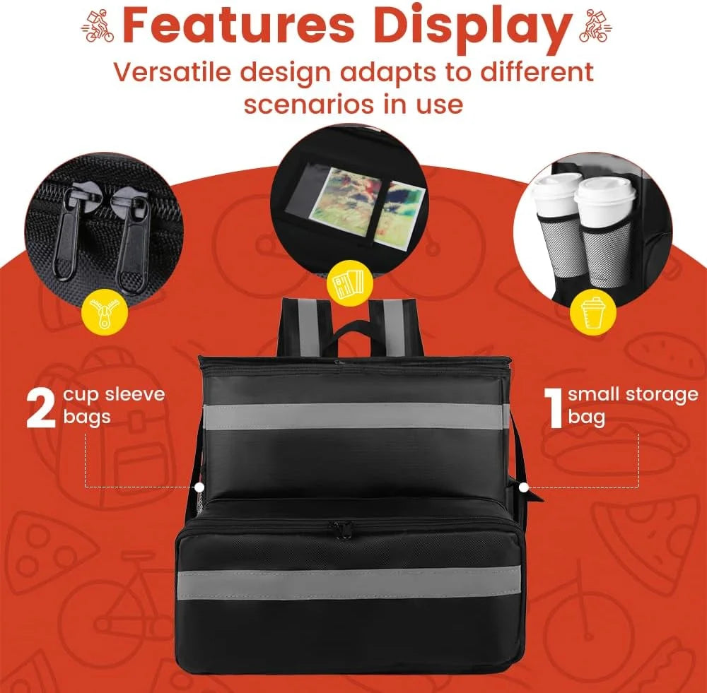 Large Insulated Food Delivery Bag, Expandable Cooler Backpack for Doordash Uber Eats, Reflective Strip Cup Holders, Reusable Pizza Carrier with Hand Straps, Bike Motorcycle Use