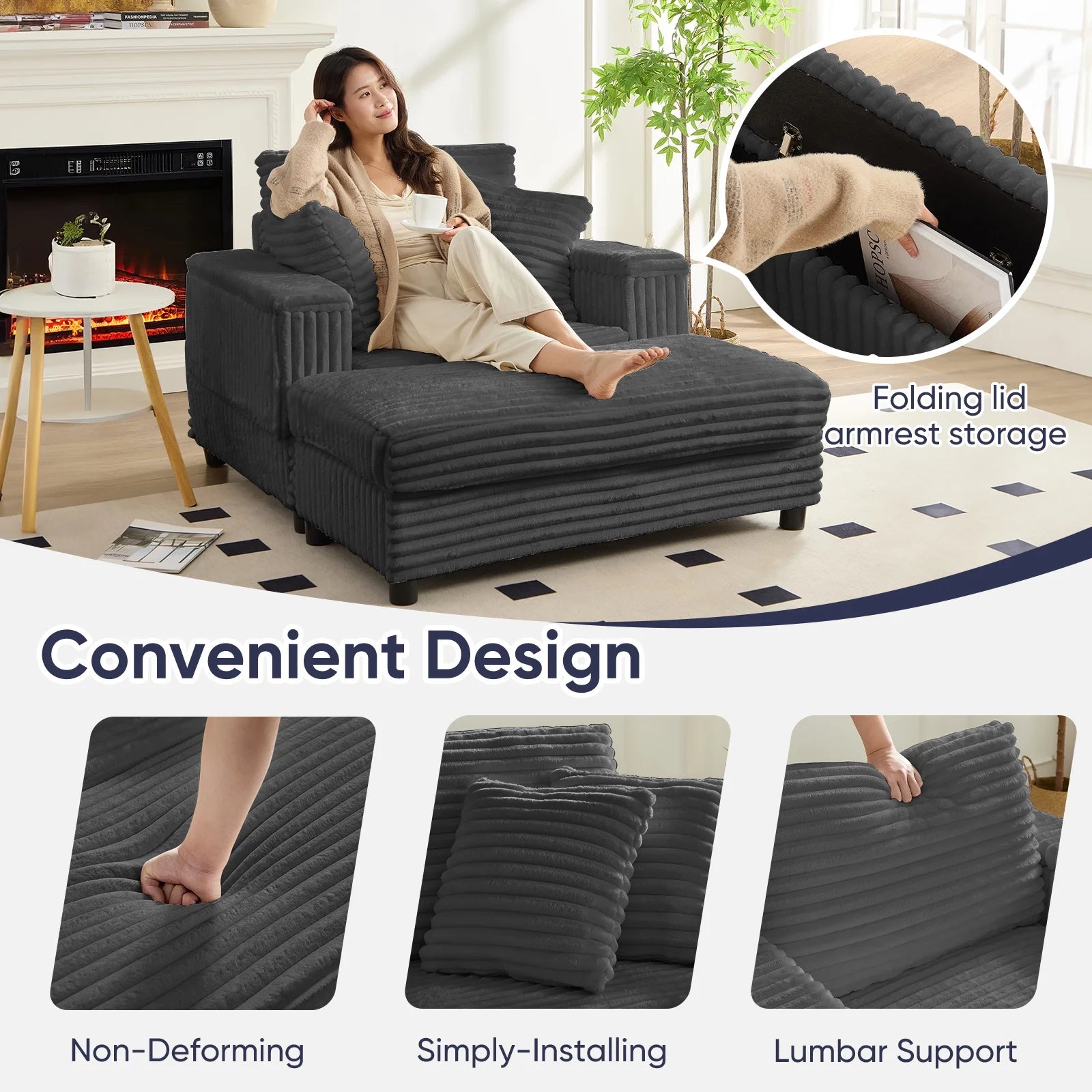 ZAFLY 44" Modern Corduroy Accent Armchair with Storage Ottoman for Living Room, Black