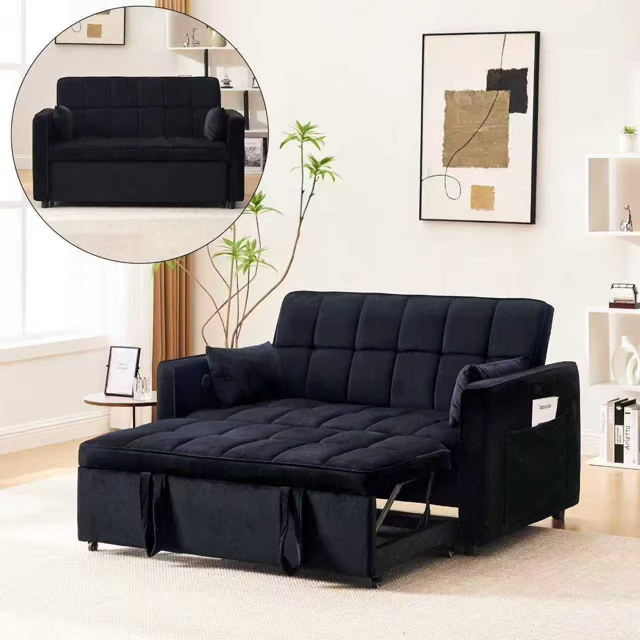 Velvet 3 - in - 1 Convertible Sofa Bed - USB Charging, Adjustable Backrest Pull - Out Couch Loveseat Sleeper for Living Room, Apartment & Small Space, Black