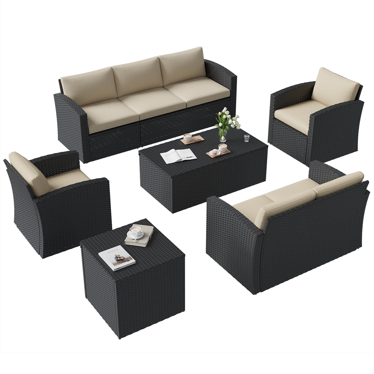 AECOJOY 7 PCS Outdoor Patio Furniture Sets with 2 Storage Boxes, Black & Beige