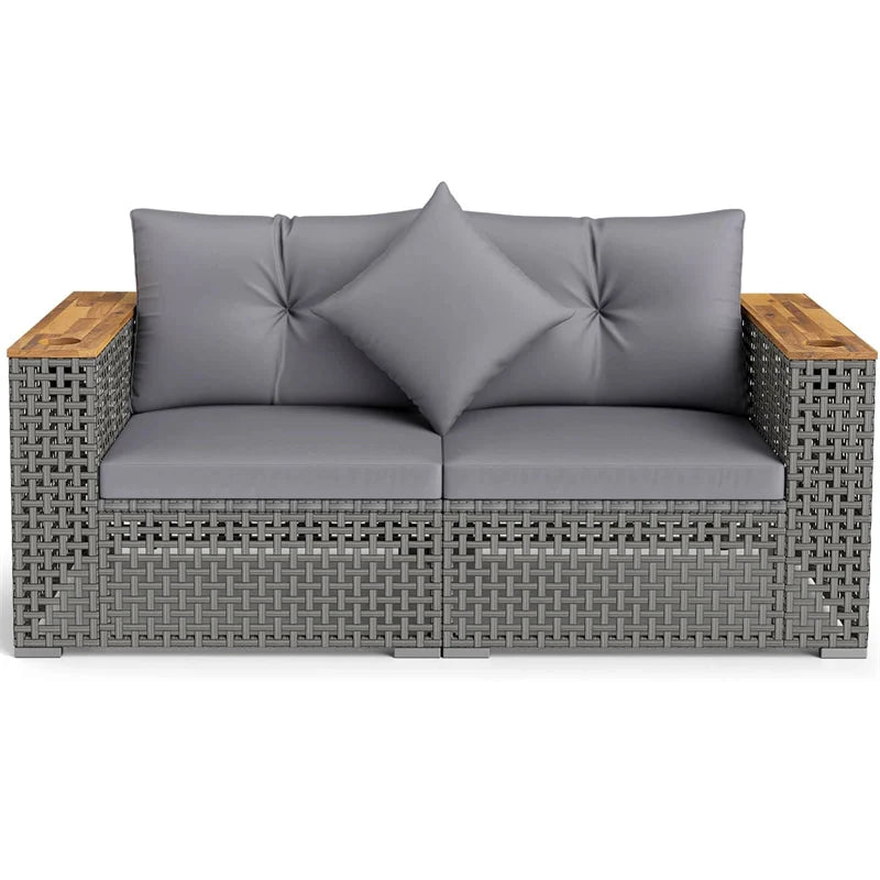 62.5" Patio Wicker Loveseat w/ Acacia Wood Armrests & Cup Holders, 2PCS Modular Rattan Corner Sectional Sofa w/ Cushions & Pillows for Backyard