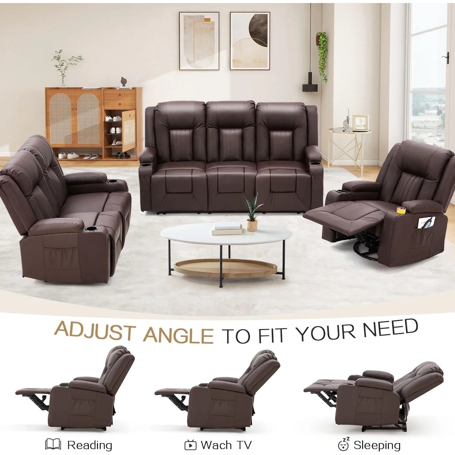 AECOJOY 3 PCS Leather Recliner Sofa Set with Swivel Massage Chair, Brown