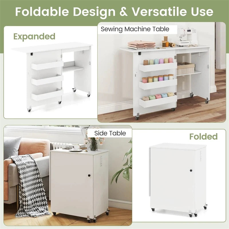 Folding Sewing Table with Charging Station, Rolling Craft Table w/ 3 Storage Trays & Shelf, Mobile Sewing Machine Cabinet for Small Spaces