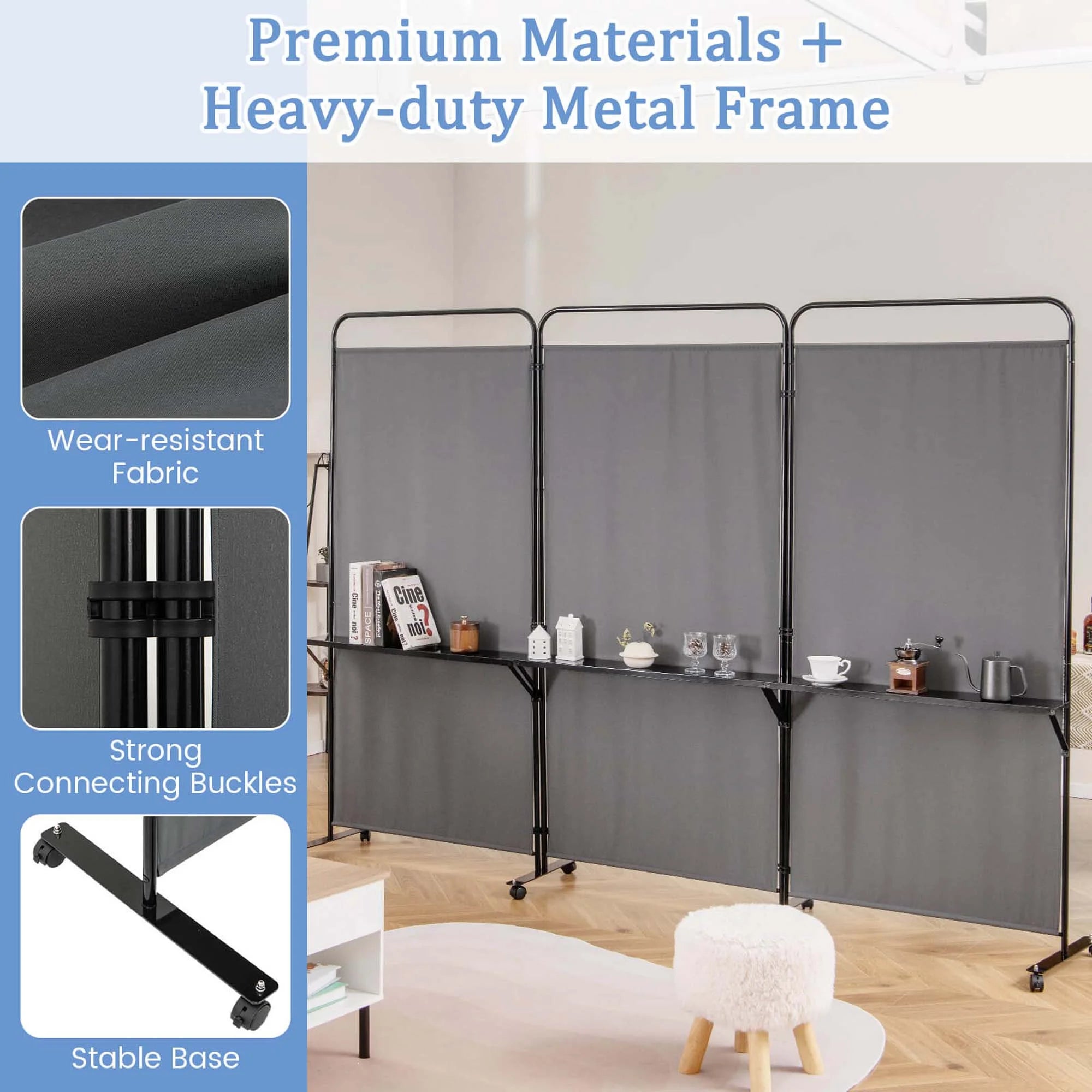 Costway 3 - Panel Room Divider with Storage Shelves 6FT Tall Folding Privacy Screen on Wheels Black