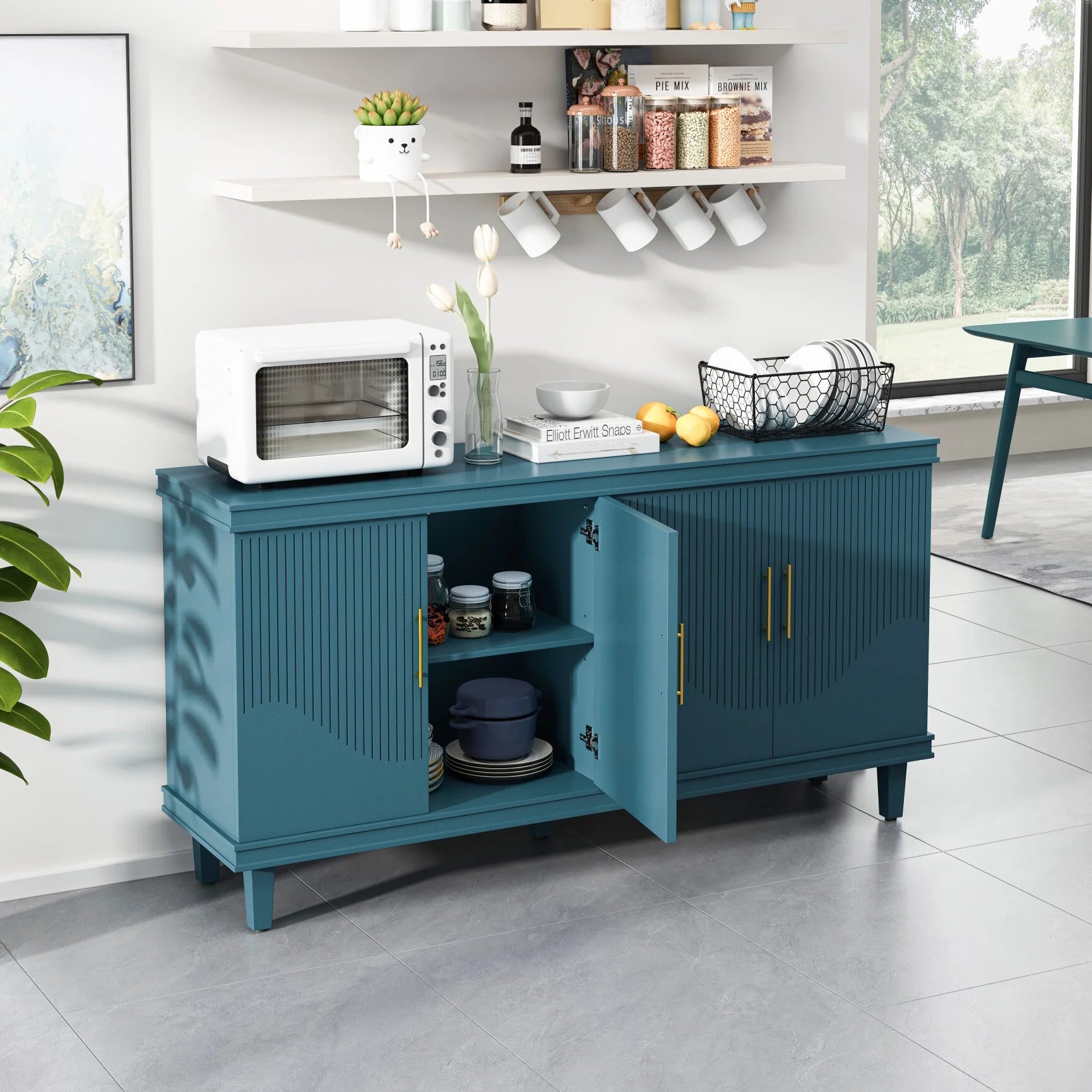 Large 4 - Door Storage Cabinet with Adjustable Shelves, Modern Multi - Room Organizer for Living Room, Kitchen, Bedroom, Hallway - Blue
