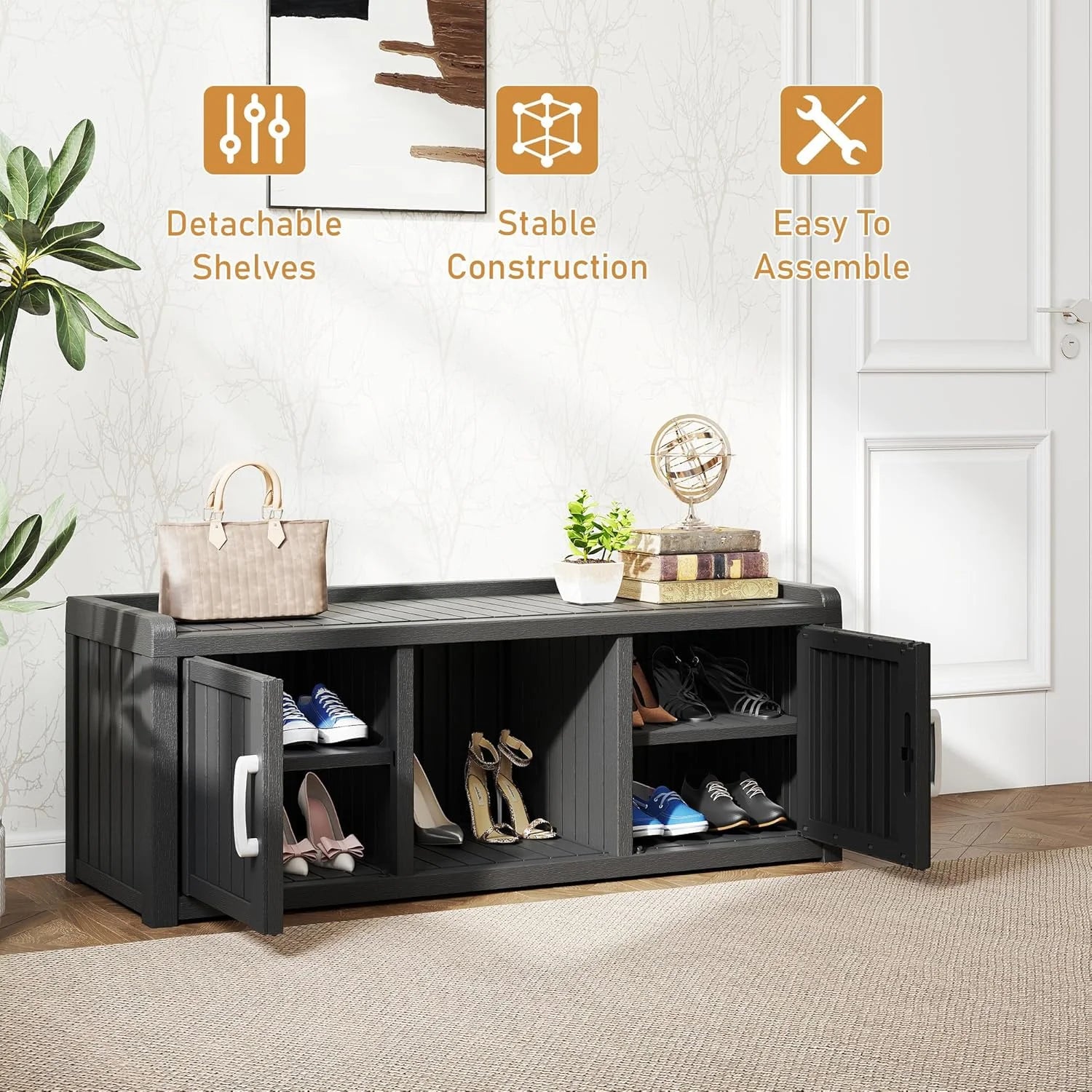 KAMABOKO Outdoor Shoe Storage Cabinet, Waterproof UV - Resistant Entryway Storage Bench Indoor Outdoor with 2 Barn Doors, Adjustable Shelves for Entryway, Bedroom, Hallway, Living Room(Black)