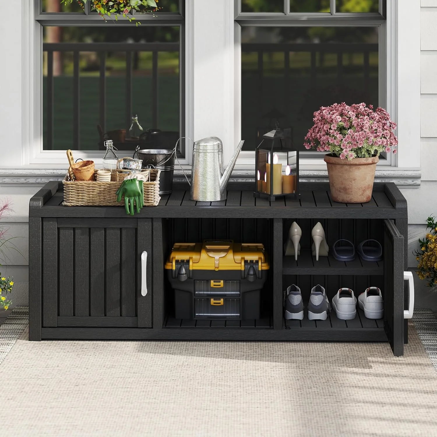 KAMABOKO Outdoor Shoe Storage Cabinet, Waterproof UV - Resistant Entryway Storage Bench Indoor Outdoor with 2 Barn Doors, Adjustable Shelves for Entryway, Bedroom, Hallway, Living Room(Black)