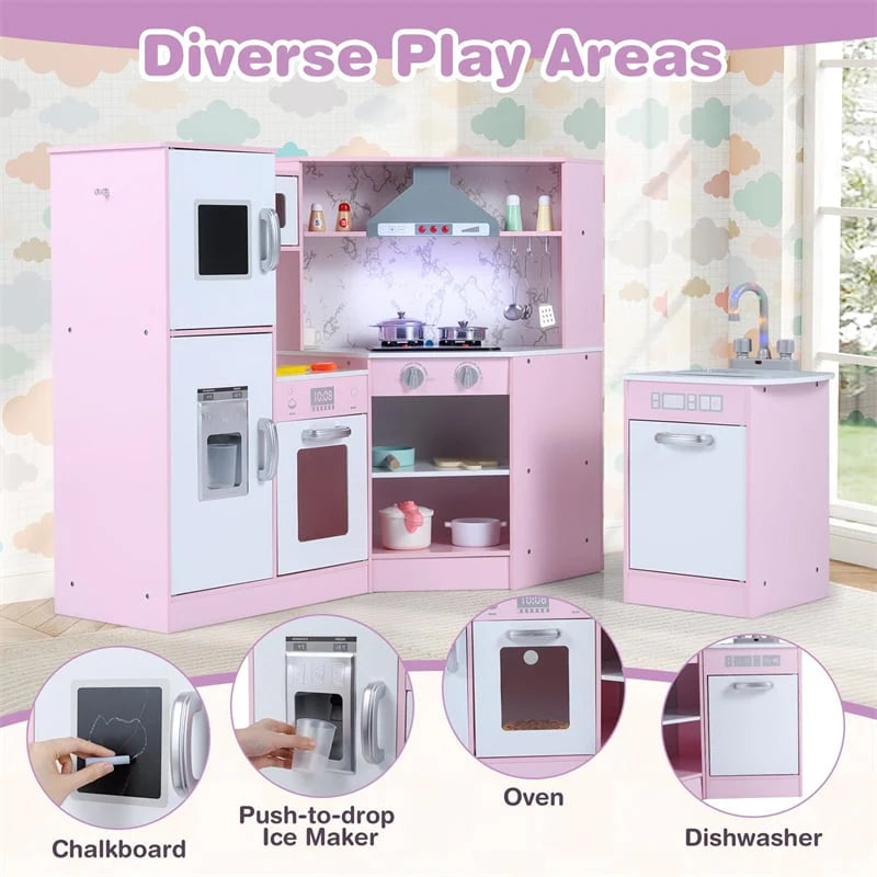Corner Wooden Kids Kitchen Playset, Little Chef Pretend Toy Kitchen Set w/ Microwave, Range Hood, Washing Basin, Lights & Sounds for Toddlers