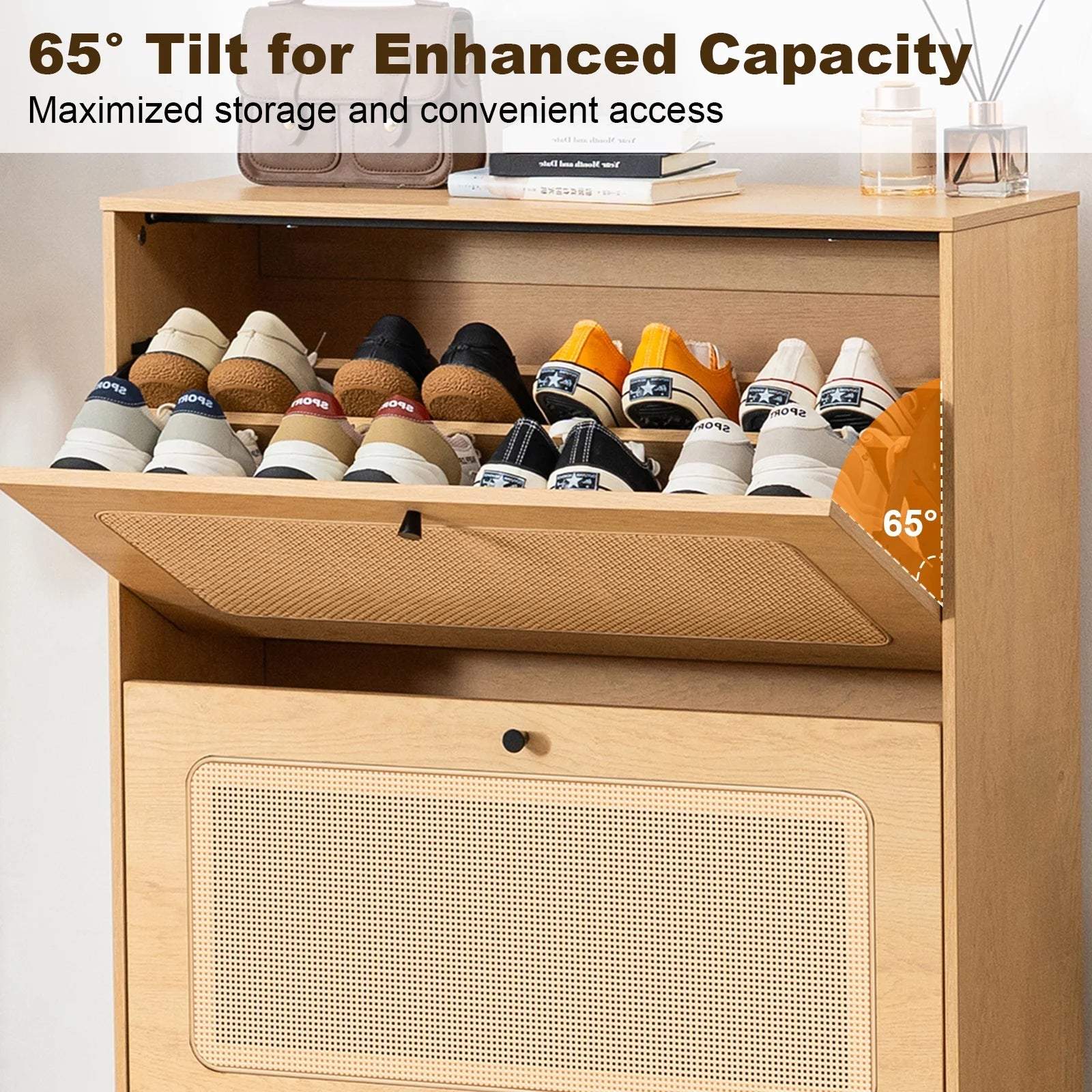 Hommpa Rattan Shoe Cabinet with 2 Flip Drawers & Adjustable Shelves 5 Tier Freestanding Tipping Bucket Shoes Storage Closet for 16 Pairs Narrow Console Table Modern Boho Entryway Shoe Rack Organizer