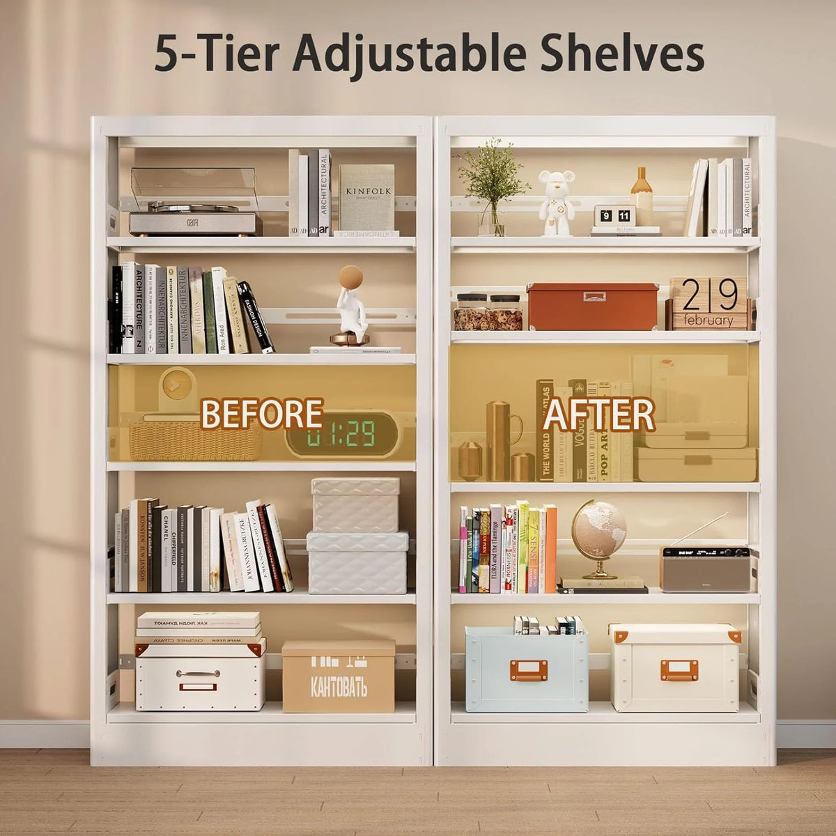 5 Tier White Metal Bookshelf, 71" H Bookcase with Adjustable Shelves, Heavy Duty Storage Bookshelves Tall Bookcase for Library, Office, Bedroom, Living Room, Classroom, Including Book Stopper(White)