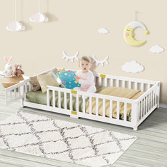 Slsy Twin Size Toddler Floor Bed, Solid Wood Montessori Bed Frame with Fence & Door Montessori Floor Bed Crib with Safety Guardrails for Girls and Boys