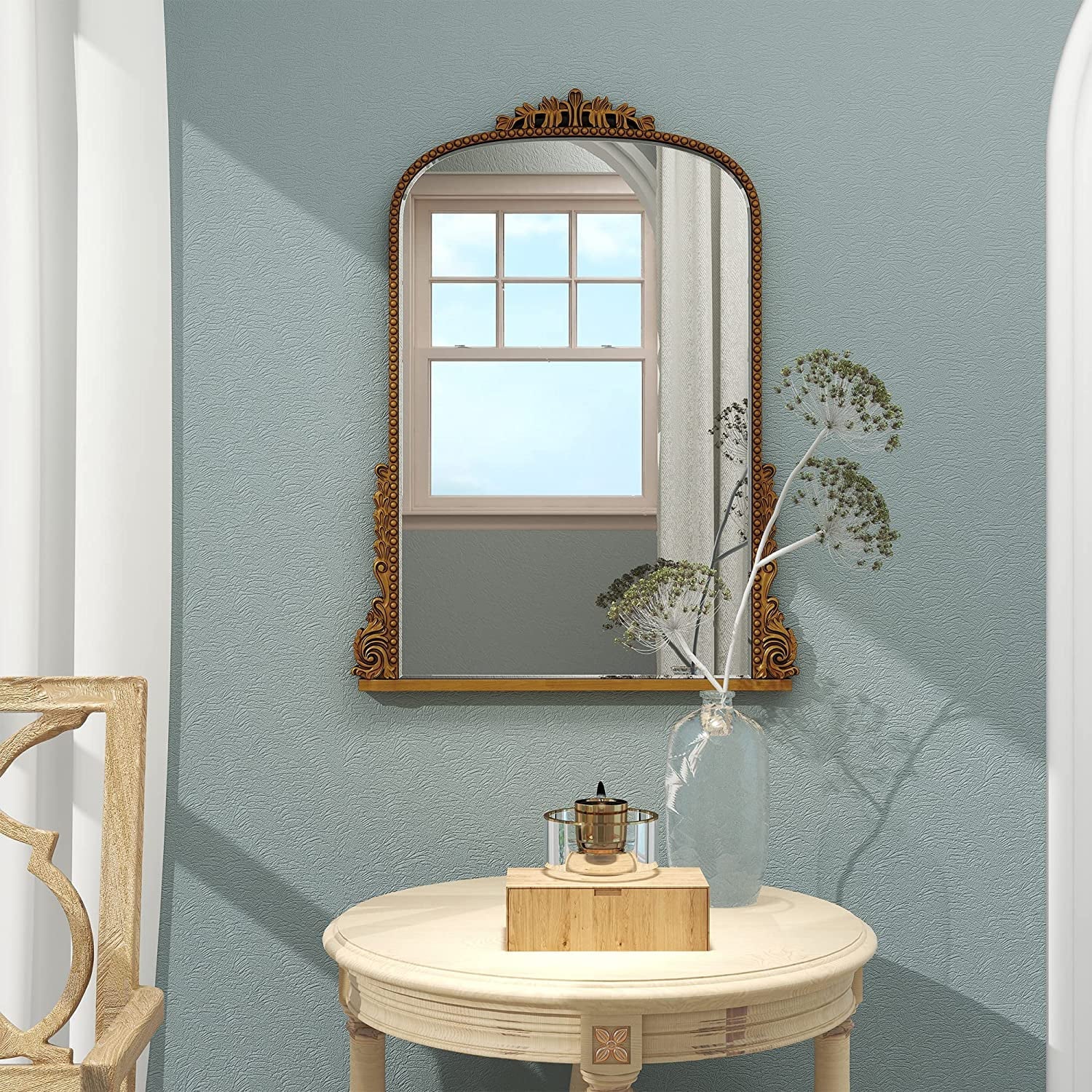 Traditional Baroque Arch Wall Mirror Antique Gold Mirror Wall Decor for Living Room Home 31.5" x 23.6''
