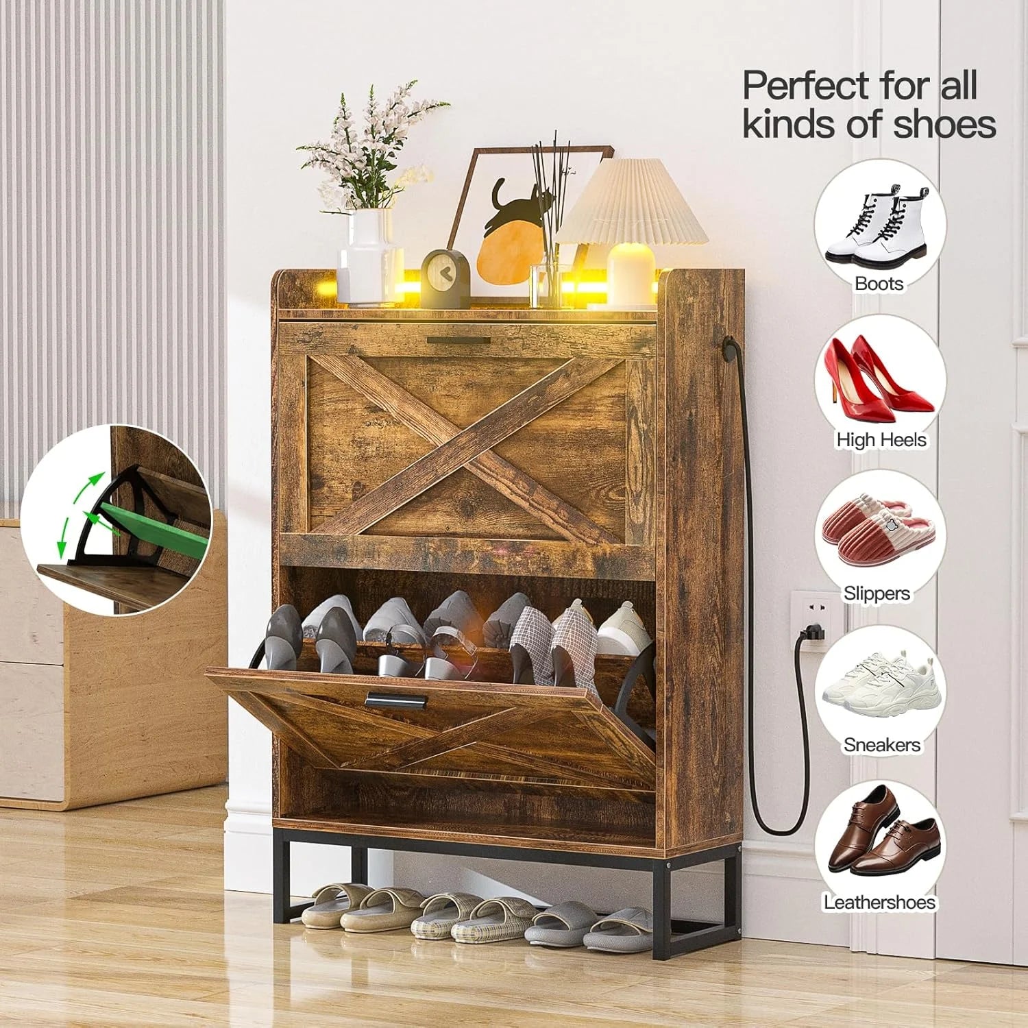 HAIOOU Shoe Storage Cabinet, Wood Shoe Cabinet with Adjustable Shelf for Entryway with 3 Flip Drawers, Rustic Brown