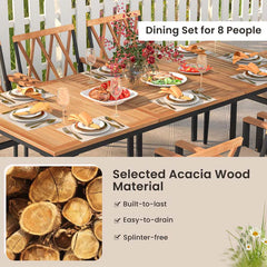 9-Piece Acacia Wood Patio Dining Furniture Set, 79" Rectangle Dining Table with 1.9" Umbrella Hole & 8 Wooden Armchairs