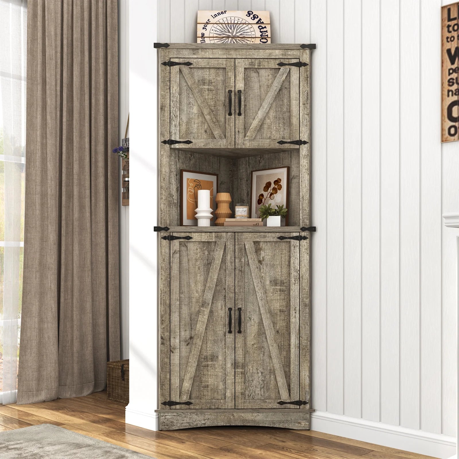 Blotout 68" Tall Farmhouse Corner Cabinet with 4 Doors, 28.3" W Barn Door Storage Cabinet with Adjustable Shelves, 5 Tier Corner Storage Cabinet for Bathroom, Living Room, Kitchen
