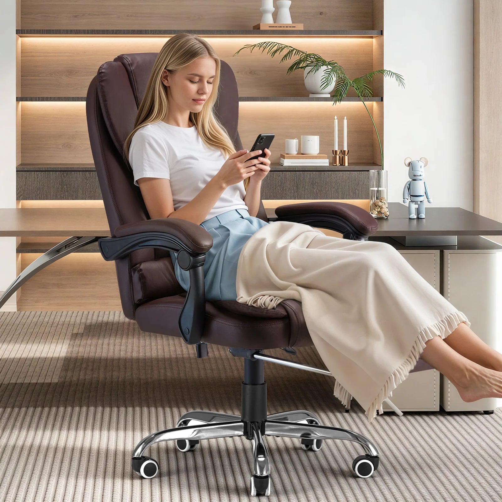 AECOJOY Office Chair with 7 Points Vibration Massage&Heat Functions, Brown Leather with Footrest