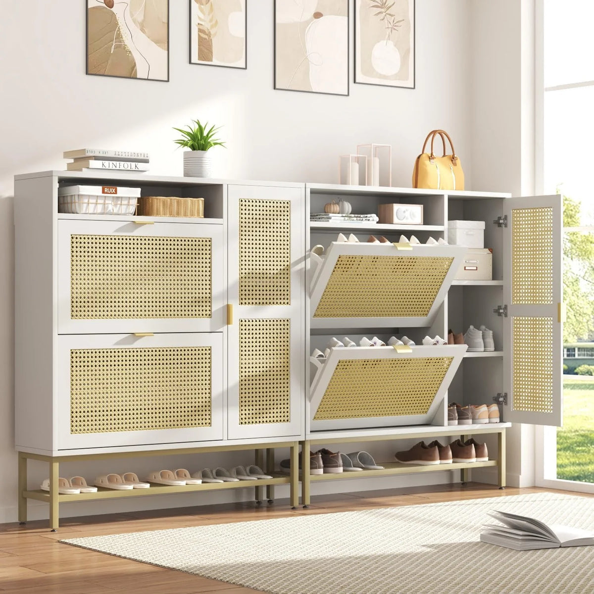 AECOJOY Rattan Shoe Cabinet with 3 Flip Drawers, Free Standing Shoe Storage Organizer with Adjustable Shelves, Fits 13 Shoes
