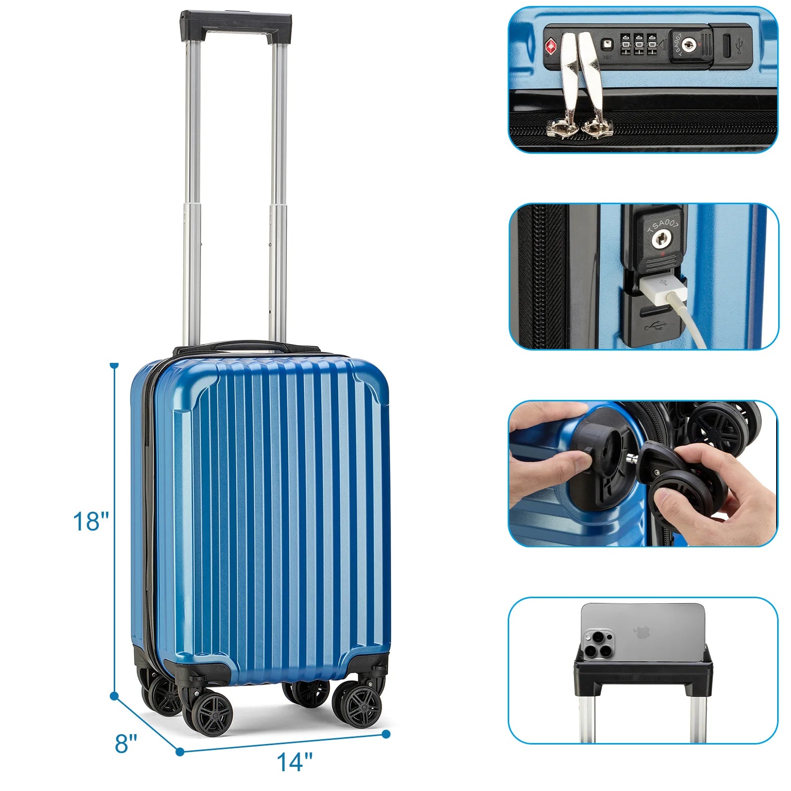 Personal Item Suitcase 18x14x8 Inches Hardside Built in TSA Lock & USB Port Lightweight Luggage with Removable Silent Wheels Underseat Carry - on Bag for Spirit and Frontier and More (Blue)