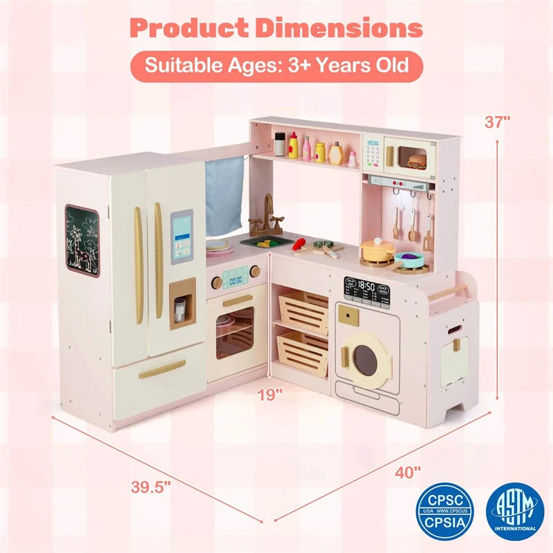 Corner Kids Kitchen Playset with Trash Can, Real Lights & Sounds, 2-Door Fridge, 22 Accessories, Wooden Pretend Play Kitchen for Toddlers 3+