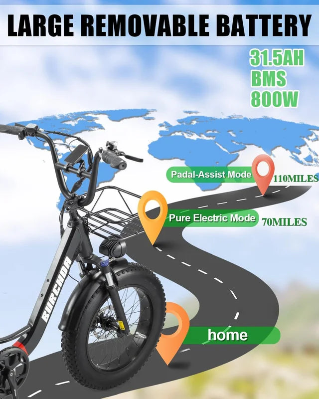 Electric Bike for Adults 20'', 800W UL2849 48V 32AH 110miles Long Range Ebike up to 30mph Full Suspension E - Mountain Bike 4.0 Fat Tire Off - Road, 2 Seats Outdoor Dual Disc Brakes Electric Bicycle