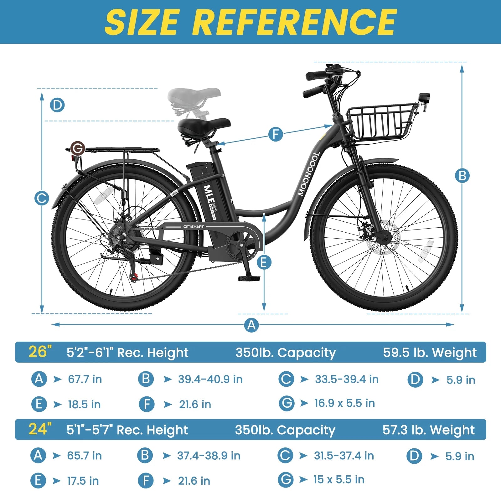 MOONCOOL Electric Bicycle for Adults 350W, 7 - Speed Ebike with 36V 10.4ah Removable Battery， 40 Miles Range, 20 Mph Electric Commuter Bike for Women Men, Certified to UL 2849 by SGS