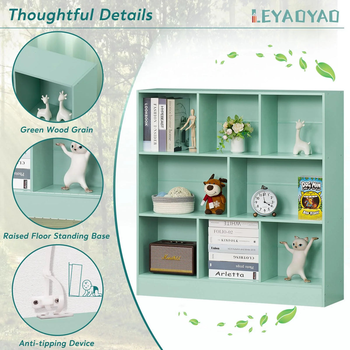 8 Cube Bookshelf with Base, 3 Tier Modern Mint - Green Bookcase, Standing Wide Bookshelves Storage Organizer Toy Shelf, Wood Display Children'S Book Shelves for Bedroom, Living Room, Nursery