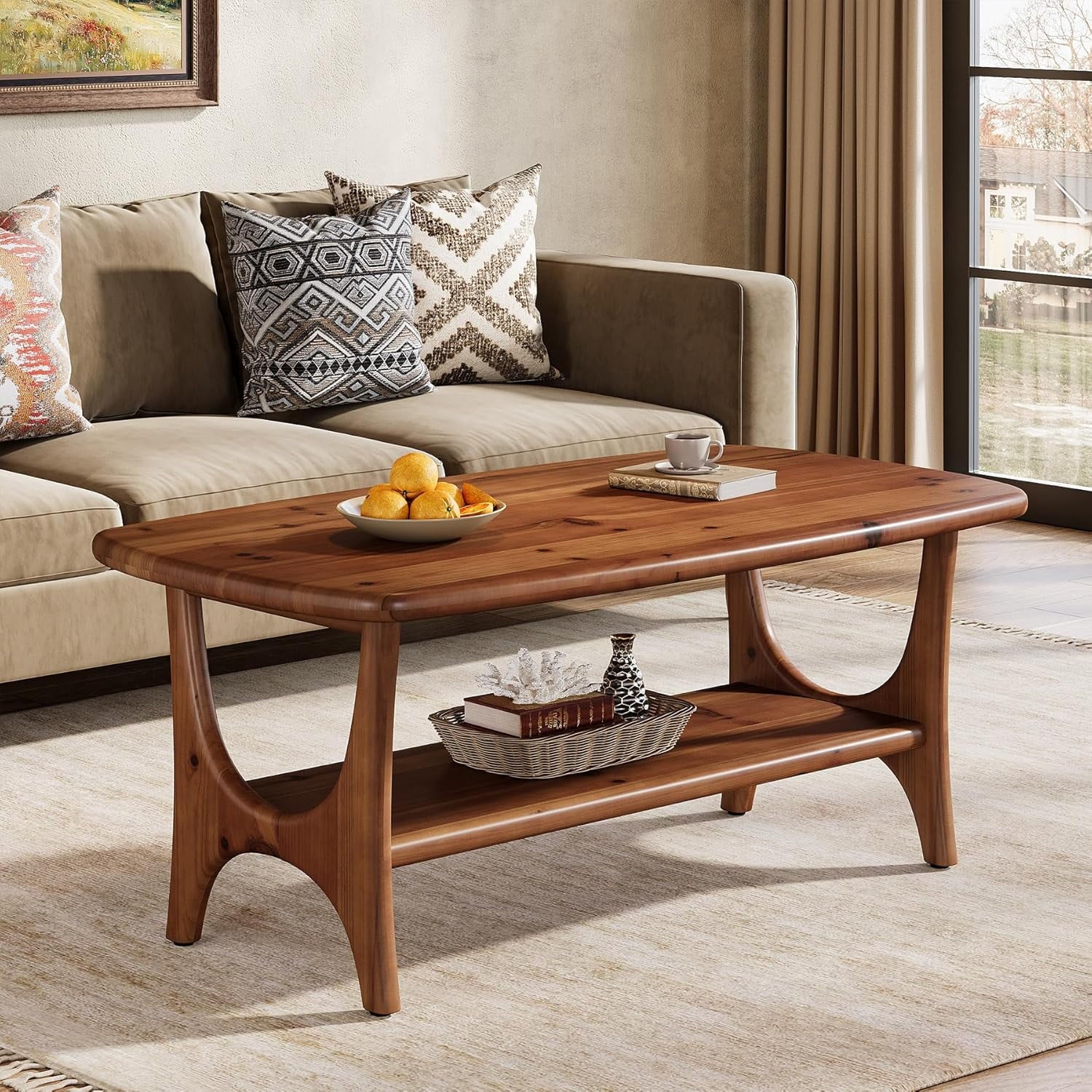 Fimind Solid Wood Coffee Table, 47.24" Mid - Century Modern Rectangle Center Table with 2 - Tier Storage Shelf for Living Room, Small Space