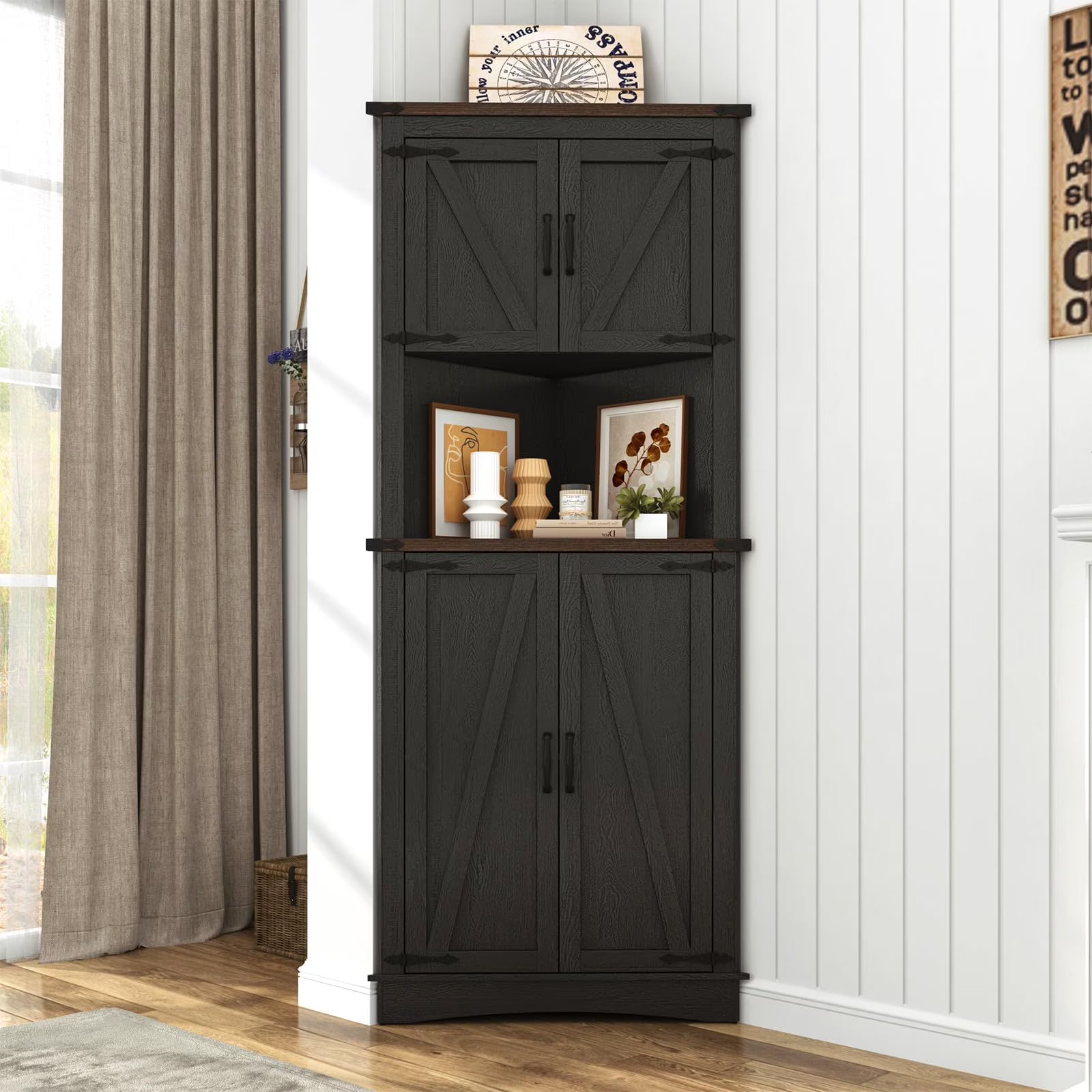 Blotout 68" Tall Farmhouse Corner Cabinet with 4 Doors, 28.3" W Barn Door Storage Cabinet with Adjustable Shelves, 5 Tier Corner Storage Cabinet for Bathroom, Living Room, Kitchen