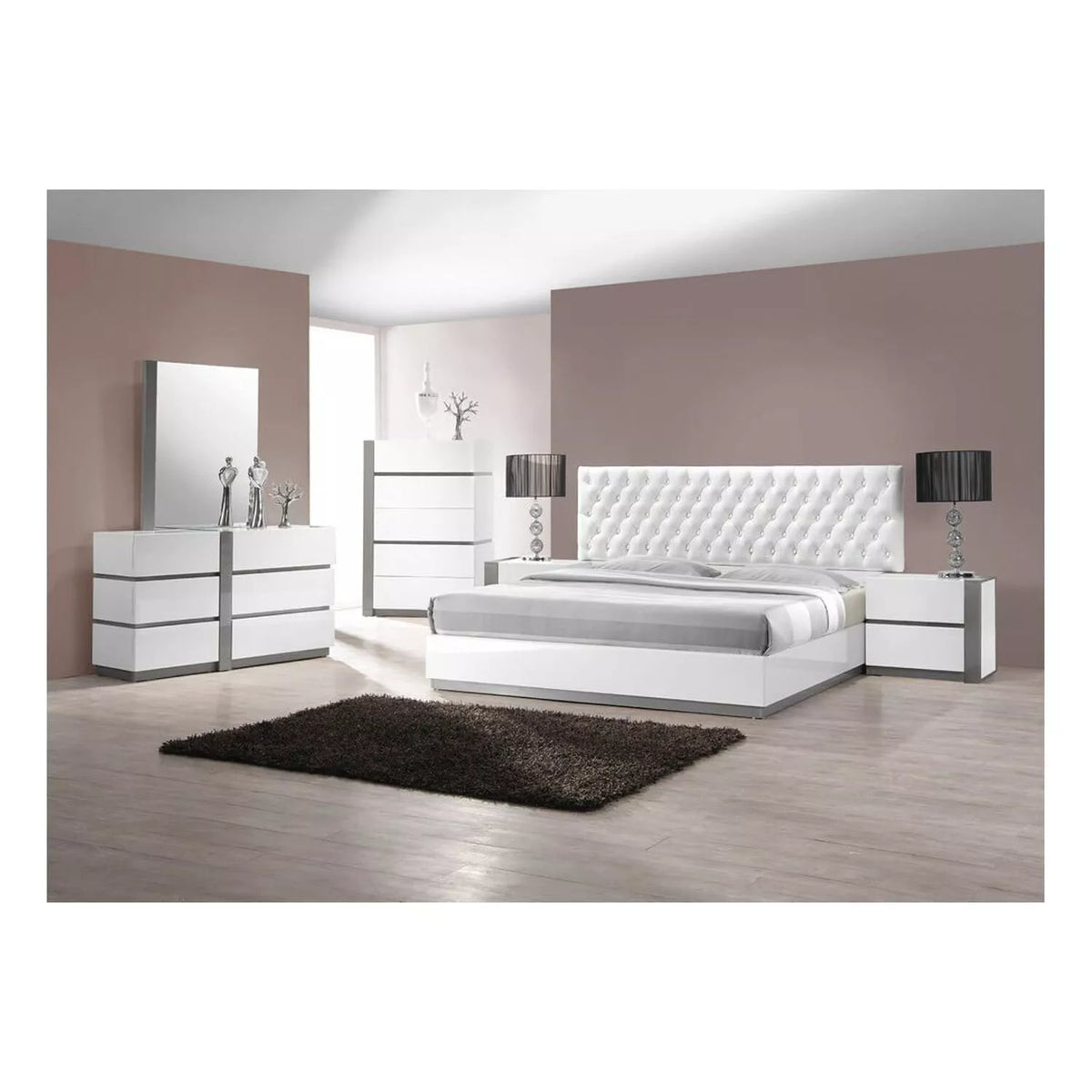 3 - Piece Modern Bedroom Furniture Set, California King Platform Bed with 2x Nightstand, White Lacquer Finish