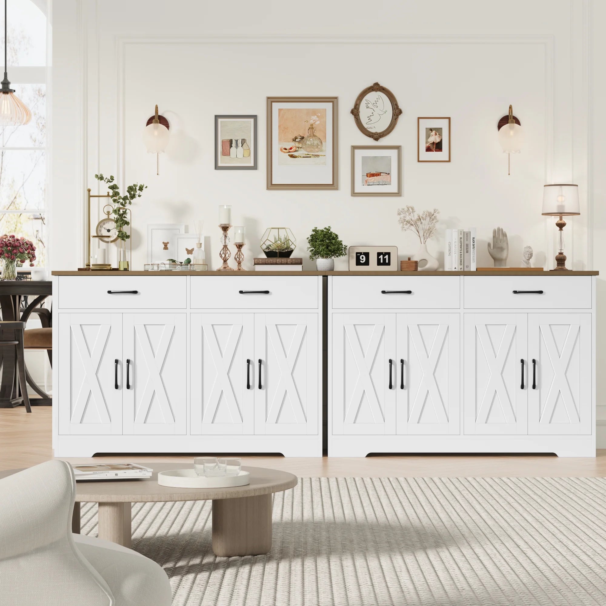 Hiphuta 47"farmhouse Sideboard Storage Cabinets with 4 Doors & 2 Drawers, Coffee Bar with Brown Top for Living Room, White