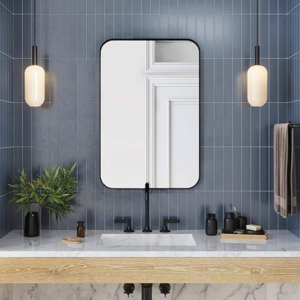 Better Bevel Wall Mirror | Bathroom Vanity Mirror | Black Metal Frame | 16" x 24" Rectangle