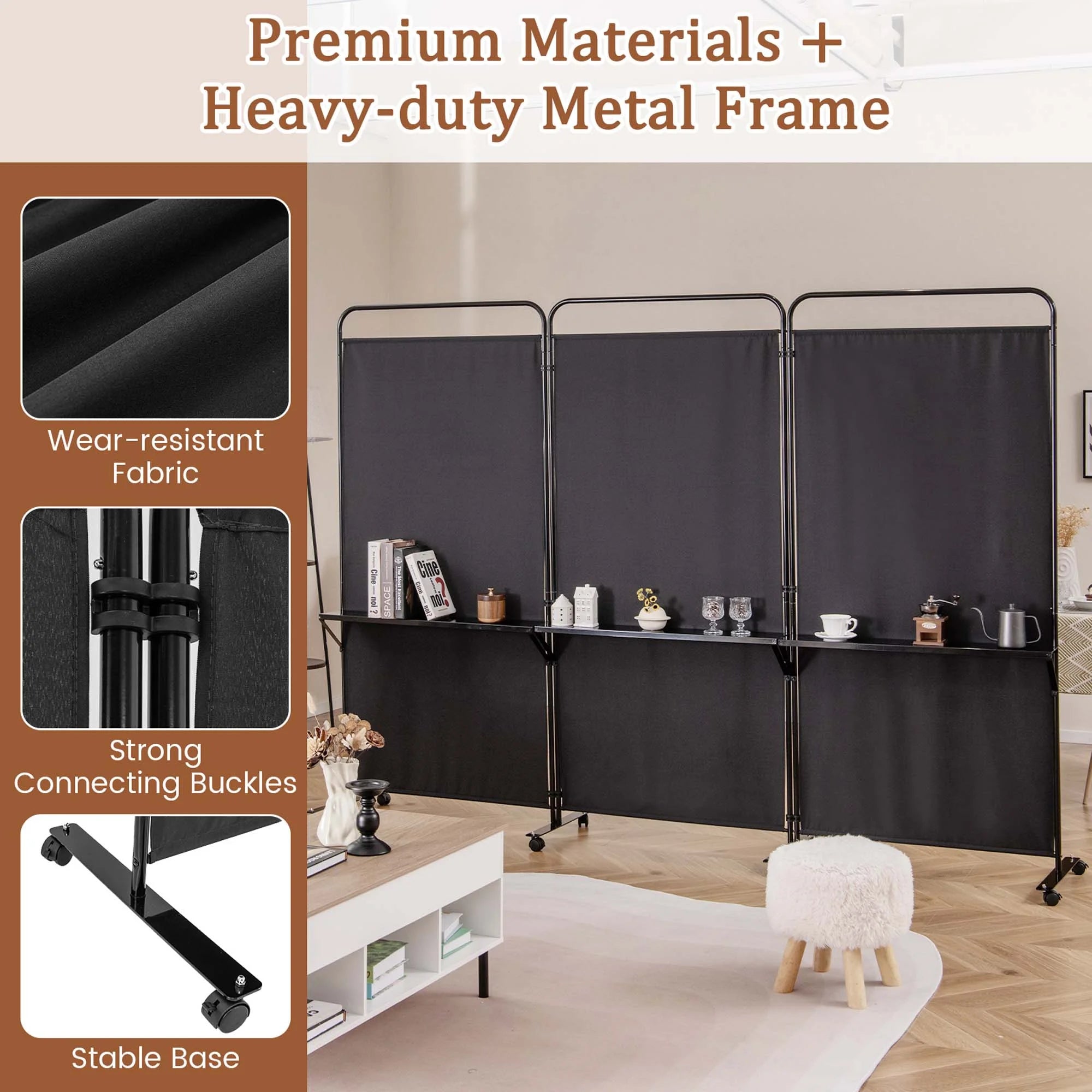 Costway 3 - Panel Room Divider with Storage Shelves 6FT Tall Folding Privacy Screen on Wheels Black
