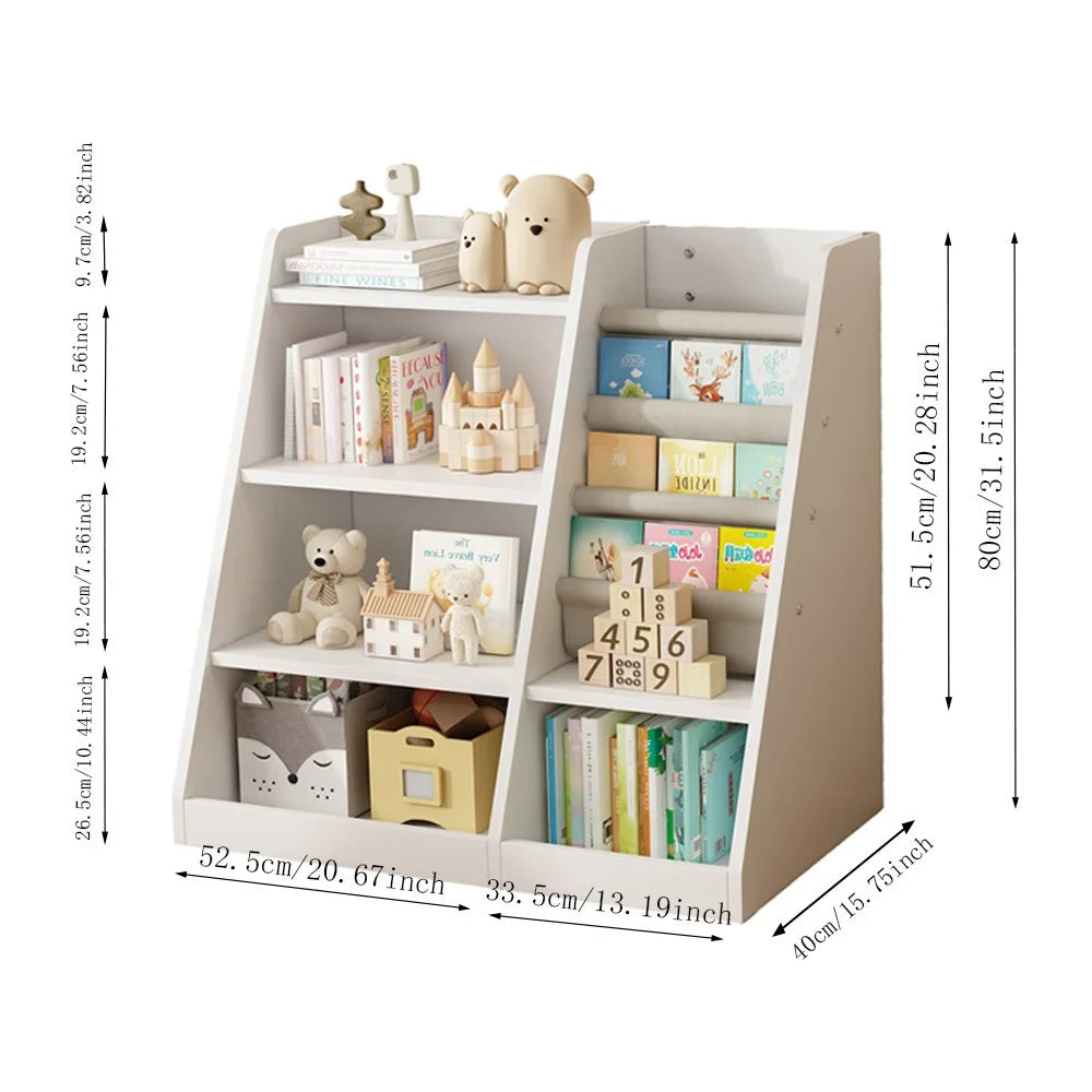 IVV Montessori Kid Bookshelf, Modern Wood Bookcase 4 Tier Children Book Rack Display Toy Storage Organizer Sling Book Rack for Classroom Bedroom Nursery Playroom (Pink)