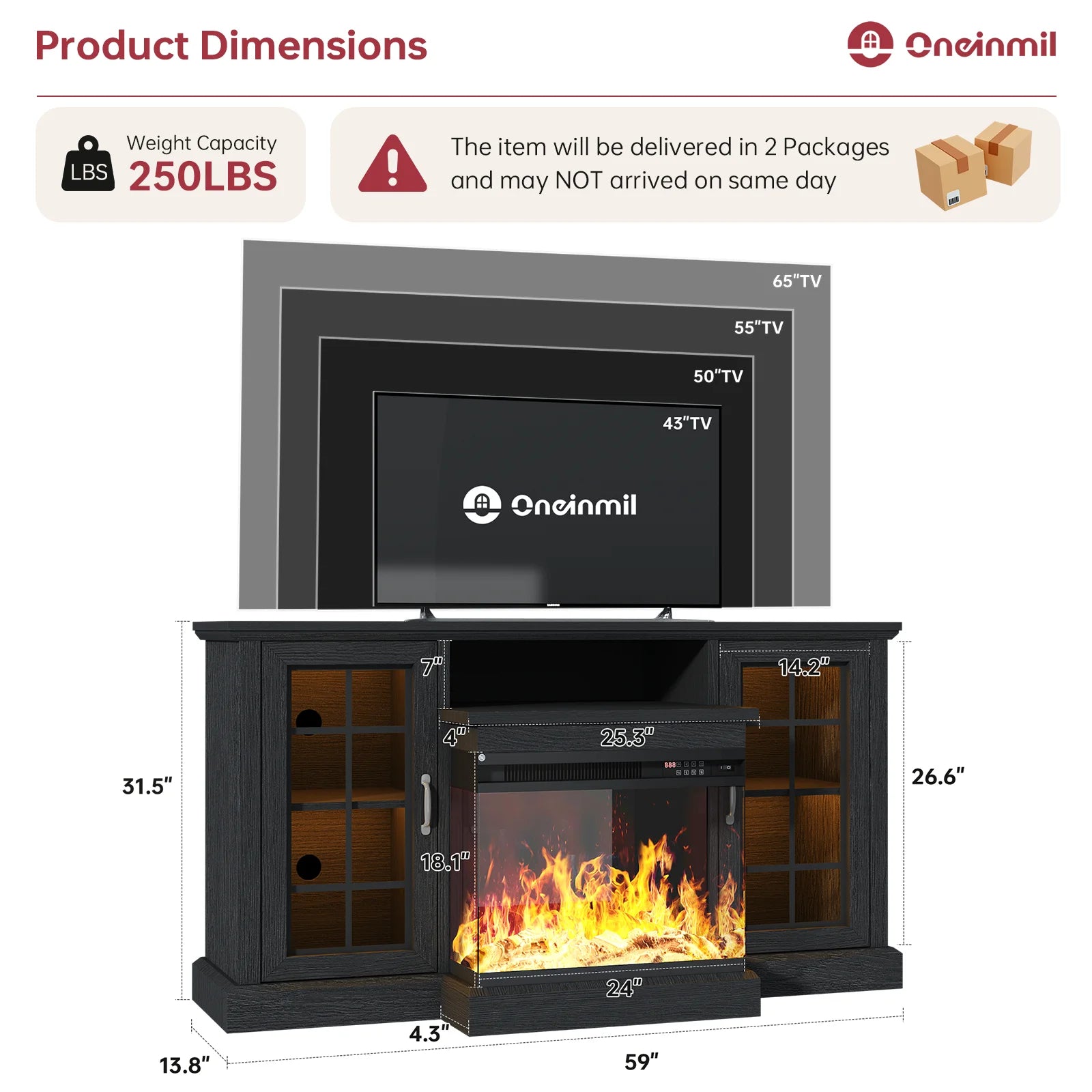 Easoger Fireplace TV Stand for Tvs up to 65", 12 Flame Colors&12 LED Light Colors, TV Console with 3-Sided Glass Fireplace, for Living Room, Gray