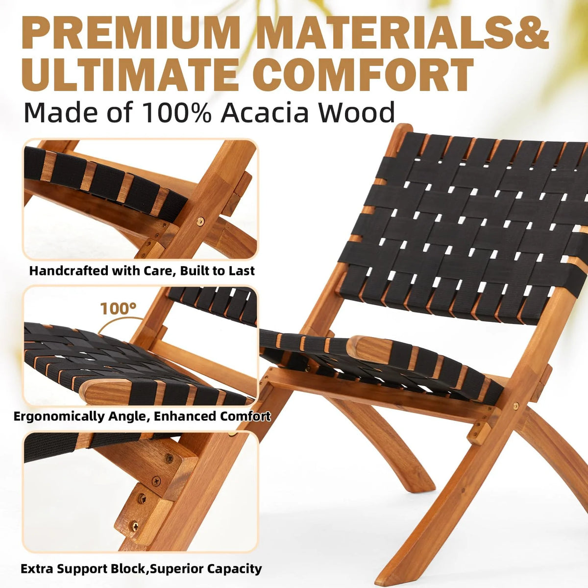 AECOJOY 3 Piece Patio Furniture Set, Acacia Wood Outdoor Bistro Set with Coffee Table & Folding Chairs