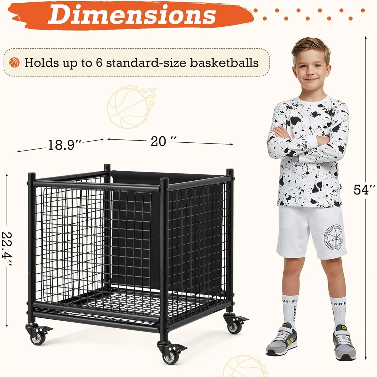 AECOJOY Ball Cart Storage, Rolling Basketball Bin with Wheels for Garage, School, Gym, Sports Equipment and Toy Organizer, Medium