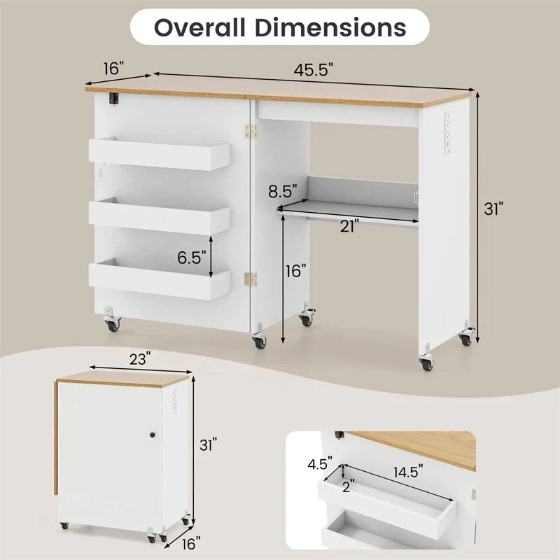 Folding Sewing Table with Charging Station, Rolling Craft Table w/ 3 Storage Trays & Shelf, Mobile Sewing Machine Cabinet for Small Spaces