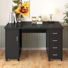 Sesslife White Computer Desk, Writing Desk with Lockable Wheels???modern Wood Study Desk with 4 Drawers for Home Office Workstation