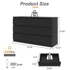 Kadyn Modern 6 Drawer Dresser Wood Cabinet, Dresser for Bedroom, Kitchen Storage Cabinet with Drawers, Chest of Drawers(Black)