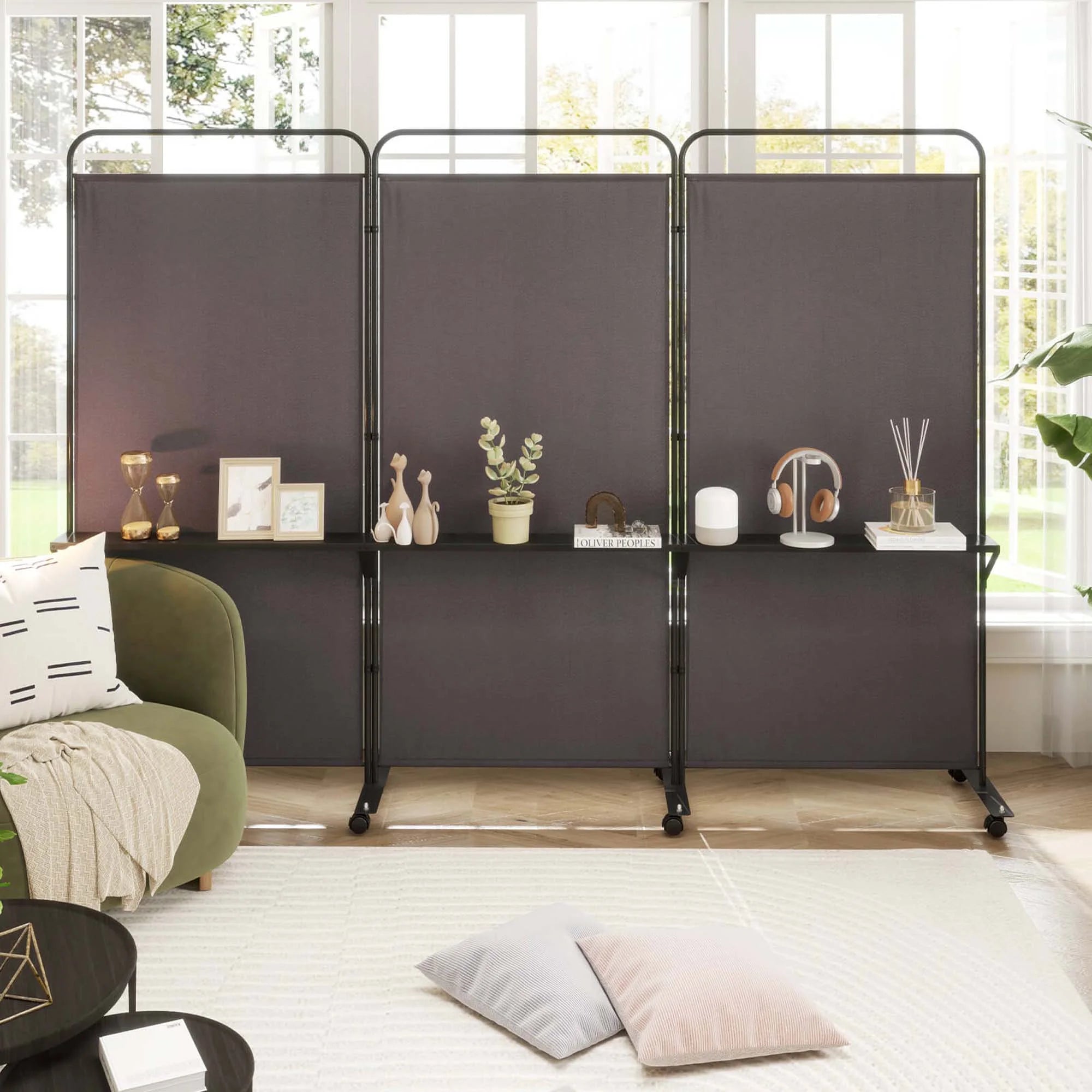 Costway 3 - Panel Room Divider with Storage Shelves 6FT Tall Folding Privacy Screen on Wheels Black