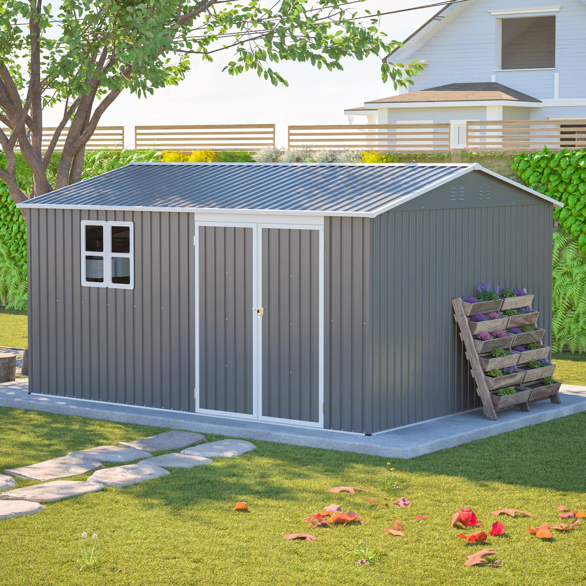 AECOJOY 12x10 FT Outdoor Storage Shed Metal, Large Garden Tool Sheds, Waterproof Steel Utility Storage Building